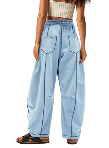 Womens Baggy Wide Leg Pants Casual Summer Palazzo Pants Drawstring Waist Barrel Sweatpants with Pockets