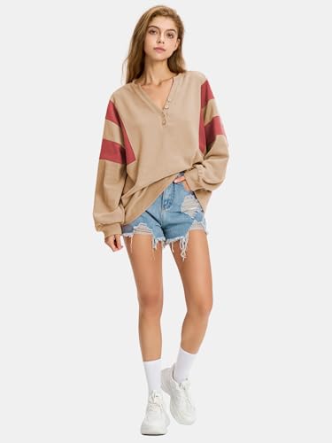 Women's Oversized V Neck Henley Shirt Patchwork 2024 Color Block Sweatshirt Long Sleeve Button Pullover Tunic Tops