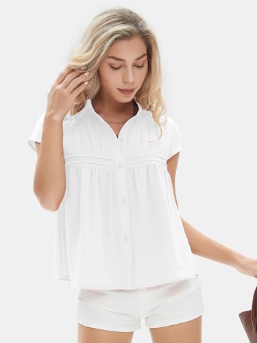 Women's 2025 Summer Cap Sleeve Tops Loose Button Down Dress Shirt Casual V Neck Pleated Textured Work Blouse