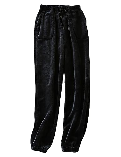 Womens Fleece Pajama Pants Warm Fuzzy Cozy Mens Sleep Bottoms With Pockets(-Black-M)