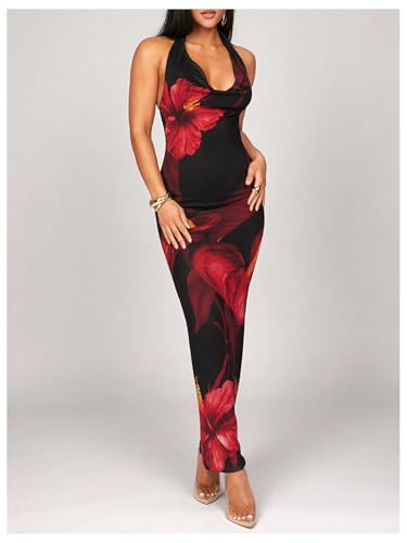 Women's Sexy Floral Maxi Dress Halter Tie Backless Cowl Neck Bodycon Party Dress
