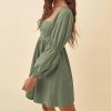 Womens 2025 Square Neck Dress Long Puff Sleeve A-Line Casual Short Mini Dresses