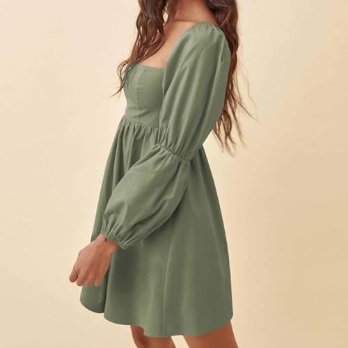 Womens 2025 Square Neck Dress Long Puff Sleeve A-Line Casual Short Mini Dresses