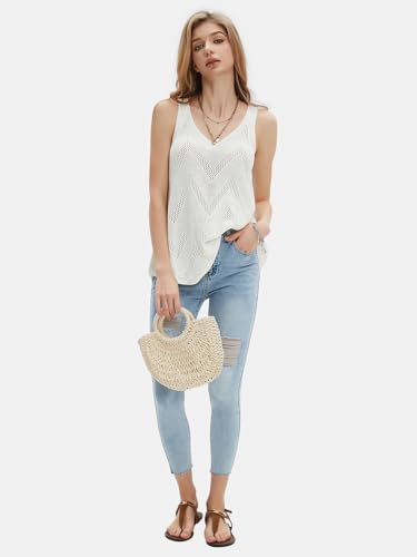 Womens Summer Sleeveless Scoop Neck Knit Sweater Vest Crochet Hollow Out Tank Tops Beach Vacation 2025