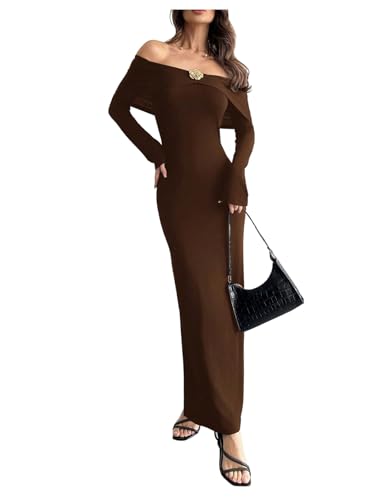 Women's Off Shoulder Bodycon Maxi Dress Long Sleeve Wedding Guest Party Long Dress
