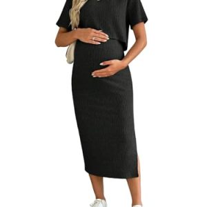 Women's Maternity Ribbed 2 Piece Outfits Short Sleeve Crop Top Bodycon Slit Midi Skirt Set