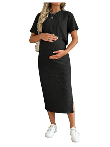 Women's Maternity Ribbed 2 Piece Outfits Short Sleeve Crop Top Bodycon Slit Midi Skirt Set