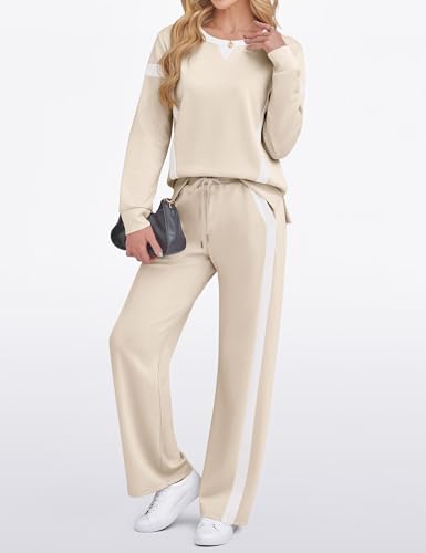 Women 2 Piece Lounge Set Tracksuit Color Block Pullover Wide Leg Pants Sweatsuit Matching Sets S-3XL