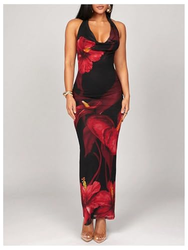 Women's Sexy Floral Maxi Dress Halter Tie Backless Cowl Neck Bodycon Party Dress