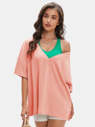Women's Casual Oversized V Neck T-Shirts Tops Reversible Athletic Workout Crew Neck Fashion Trendy Tee