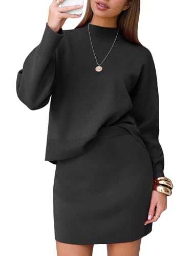 Women 2 Piece Sweater Skirt Sets Mock Neck Long Sleeve Knit Pullover Top Matching Mini Skirts Fall Winter Outfits 2025