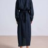 Women Cotton Linen Wrap Shirt Maxi Dress Button Down Long Sleeve Lapel Asym Slit Hem Sundress