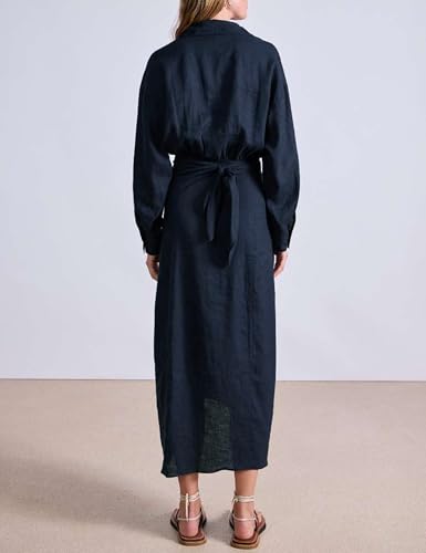 Women Cotton Linen Wrap Shirt Maxi Dress Button Down Long Sleeve Lapel Asym Slit Hem Sundress