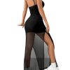 Women's Mesh Maxi Bodycon Dress Spaghetti Strap Split Ruched Long Pencil Dress