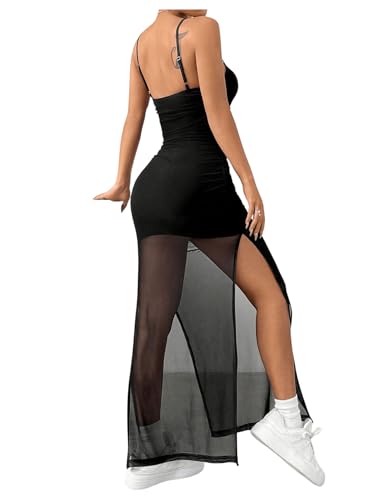 Women's Mesh Maxi Bodycon Dress Spaghetti Strap Split Ruched Long Pencil Dress