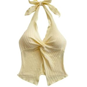 Women's Twist Front Tie Halter Neck Split Hem Backless Summer Going Out Crop Top