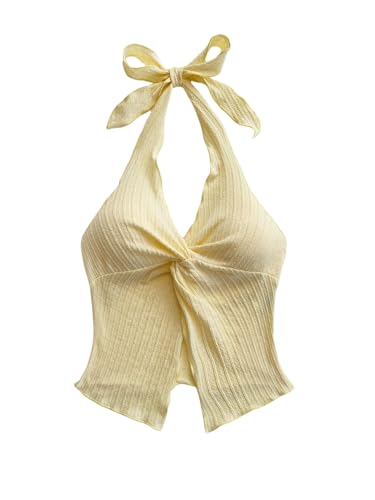 Women's Twist Front Tie Halter Neck Split Hem Backless Summer Going Out Crop Top