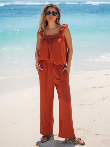 Womens Summer 2 Piece Sets Sleeveless Square Neck Tie-Back Cami Top Wide Leg Pants Matching Set Beach Vacation Outfits