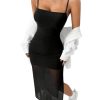 Women's Mesh Maxi Bodycon Dress Spaghetti Strap Split Ruched Long Pencil Dress