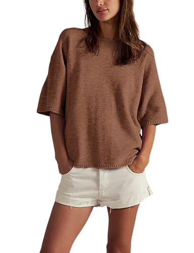 Women Sweater Tee Casual Crewneck Short Sleeve Pullover Top Ribbed Knit Loose Shirt