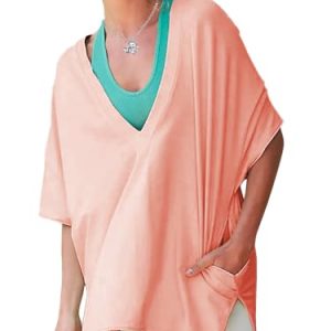Women's Casual Oversized V Neck T-Shirts Tops Reversible Athletic Workout Crew Neck Fashion Trendy Tee