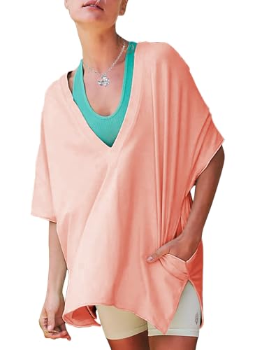 Women's Casual Oversized V Neck T-Shirts Tops Reversible Athletic Workout Crew Neck Fashion Trendy Tee
