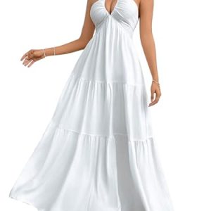 Women's Deep V Neck Tie Knot Backless Halter Dress A Line Flowy Ruffle Maxi Dress