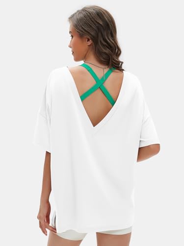 Women's Casual Oversized V Neck T-Shirts Tops Reversible Athletic Workout Crew Neck Fashion Trendy Tee