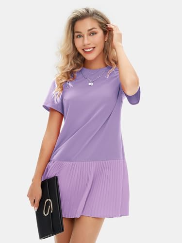 Womens Summer Casual Short Sleeve Dress Crewneck Tshirt Dresses Pleated Aline Mini Dress 2025 Vacation Beach Sundress