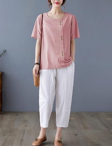 Women Cotton Blend Crew Neck Short Sleeve Basic Tunic Tee Shirts Tops Blouse