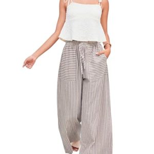 Women's Wide Leg Pants Drawstring Striped Cotton Mid Rise Casual Long Palazzo Trousers with Pockets