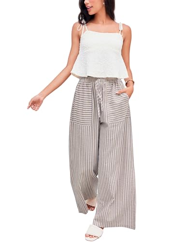 Women's Wide Leg Pants Drawstring Striped Cotton Mid Rise Casual Long Palazzo Trousers with Pockets