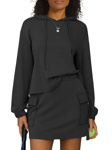 Women 2 Piece Sets Cotton Sweatsuits Fall Hooded Sweatshirt Cargo Skort Skirt Stretchy Tracksuit Casual Tennis Pockets