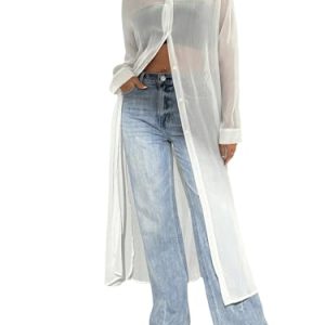 Women's Sheer Button Down Long Sleeve Maxi Shirt Kimono Dress Lightweight Summer Coverups