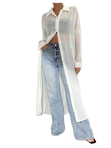 Women's Sheer Button Down Long Sleeve Maxi Shirt Kimono Dress Lightweight Summer Coverups
