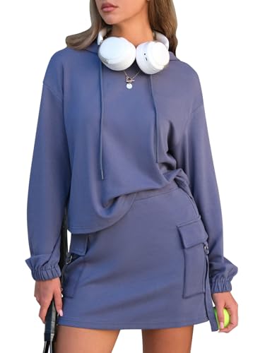 Women 2 Piece Sets Cotton Sweatsuits Fall Hooded Sweatshirt Cargo Skort Skirt Stretchy Tracksuit Casual Tennis Pockets