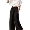 Women Linen Cotton Wide Leg Pants Drawstring Elastic High Waist Casual Palazzo Trousers with Deep Pockets
