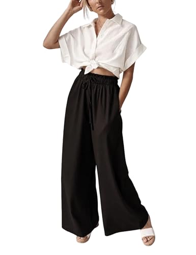 Women Linen Cotton Wide Leg Pants Drawstring Elastic High Waist Casual Palazzo Trousers with Deep Pockets