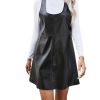 Women's PU Leather Scoop Neck Sleeveless Pinafore Overall Mini Dress