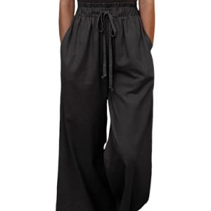 Women Linen Cotton Wide Leg Pants Drawstring Elastic High Waist Casual Palazzo Trousers with Deep Pockets