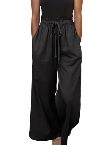 Women Linen Cotton Wide Leg Pants Drawstring Elastic High Waist Casual Palazzo Trousers with Deep Pockets