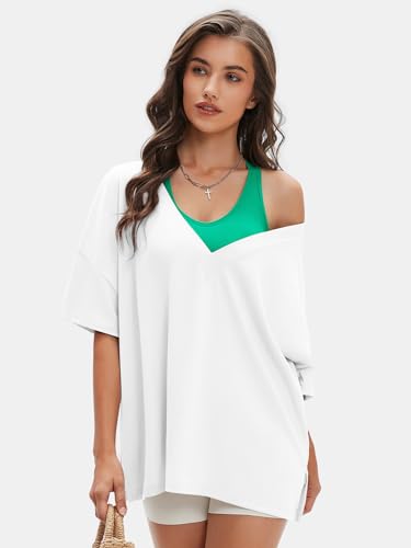 Women's Casual Oversized V Neck T-Shirts Tops Reversible Athletic Workout Crew Neck Fashion Trendy Tee