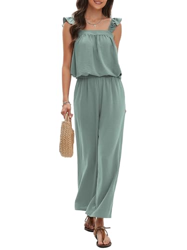 Womens Summer 2 Piece Sets Sleeveless Square Neck Tie-Back Cami Top Wide Leg Pants Matching Set