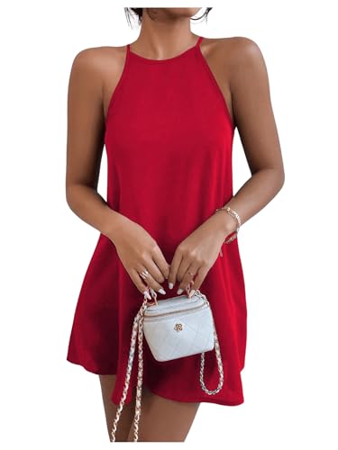 Women's Casual Sleeveless Halter Neck Flared A Line Tunic Cami Mini Dresses