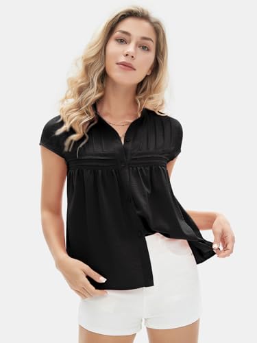 Women's 2025 Summer Cap Sleeve Tops Loose Button Down Dress Shirt Casual V Neck Pleated Textured Work Blouse