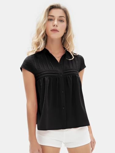 Women's 2025 Summer Cap Sleeve Tops Loose Button Down Dress Shirt Casual V Neck Pleated Textured Work Blouse