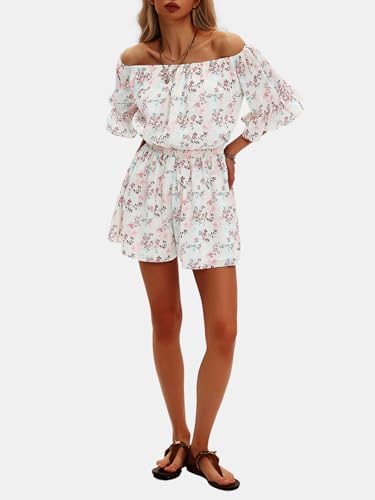 Women's Summer Floral Romper Dress Off Shoulder Ruffle Elastic Wasit Wide Leg Shorts Jumpsuit Vacation Beach 2025