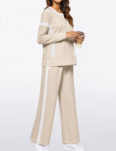 Women 2 Piece Lounge Set Tracksuit Color Block Pullover Wide Leg Pants Sweatsuit Matching Sets S-3XL