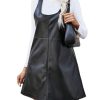 Women's PU Leather Scoop Neck Sleeveless Pinafore Overall Mini Dress
