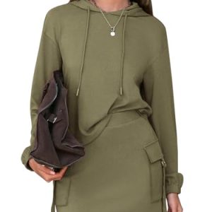 Women 2 Piece Sets Cotton Sweatsuits Fall Hooded Sweatshirt Cargo Skort Skirt Stretchy Tracksuit Casual Tennis Pockets